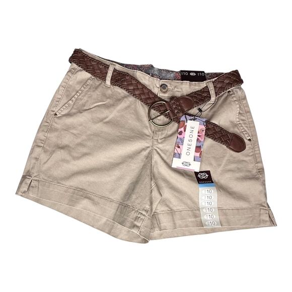 One 5 One Khaki SHORTS + Brown Braided BELT Women's Size 10 US Set Stretch NWT - Picture 1 of 8